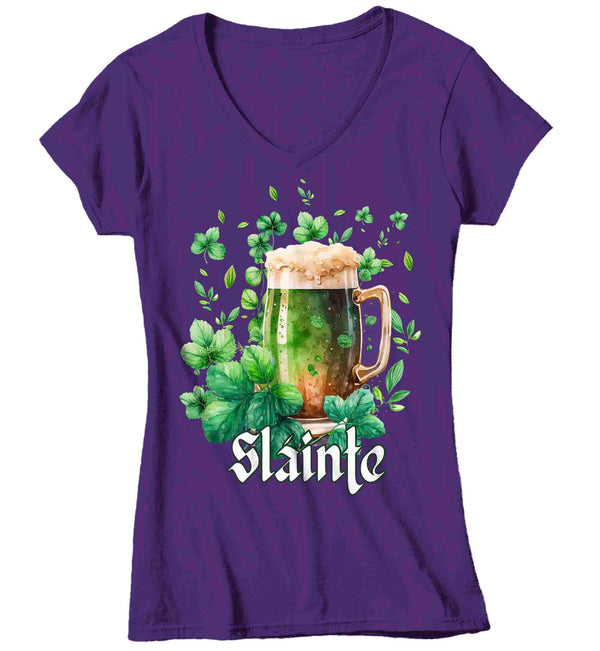 Women's V-Neck Slainte St. Patrick's Day Shirt Green Beer Clover Cheers Health Sláinte T Shirt Irish Saying Tshirt Graphic Tee Streetwear Ladies-Shirts By Sarah