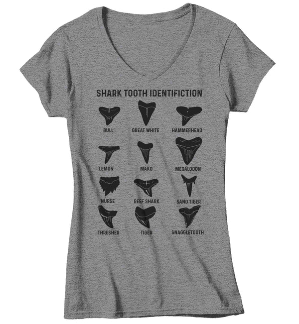 Women's V-Neck Shark Tooth Shirt Teeth Identification Fossil Shark Shirt Gift T-Shirt Ocean Marine Biology Fish Scientist Tee Ladies-Shirts By Sarah