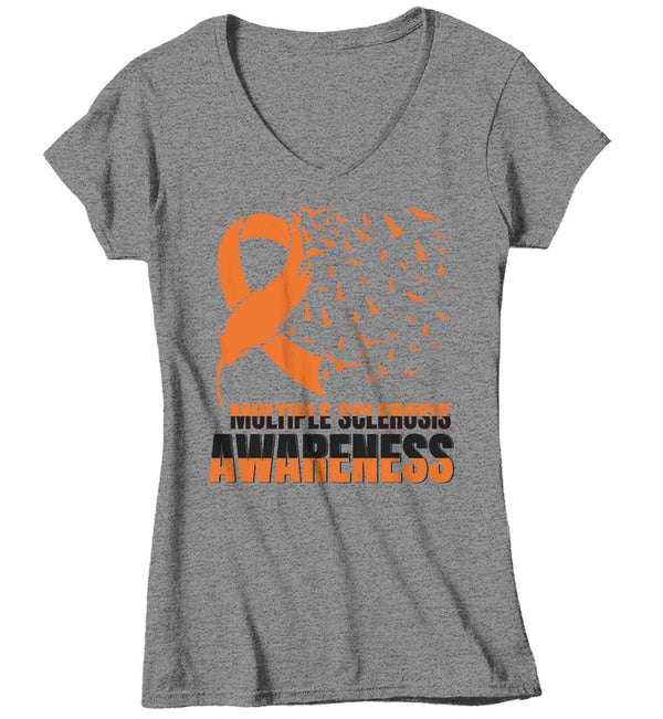 Women's V-Neck Multiple Sclerosis Shirt MS Awareness T Shirt Orange Ribbon Feather Birds Hope Tshirt Graphic Tee Streetwear Ladies Woman-Shirts By Sarah