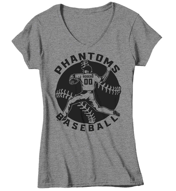 Women's V-Neck Personalized Baseball Player Shirt Pitcher T Shirt Custom Baseball Graphic Mom Aunt Grandma Tee Ladies Woman-Shirts By Sarah