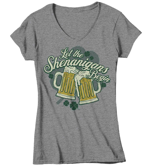 Women's V-Neck Funny Shenanigans Shirt St. Patrick's Day T Shirt Begin Beer Mugs Cheers Party Tshirt Graphic Tee Streetwear Ladies-Shirts By Sarah