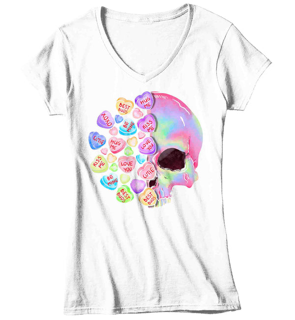 Women's V-Neck Cute Valentine's Day Shirt Grunge Skull Shirt Heart T Shirt Pastel Valentine Shirt Pretty Valentines Tee Ladies Woman-Shirts By Sarah