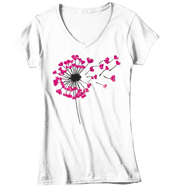 Women's V-Neck Cute Valentine's Day Shirt Dandelion Shirt Heart T Shirt Flowers Valentine Shirt Pretty Valentines Tee Ladies Woman-Shirts By Sarah