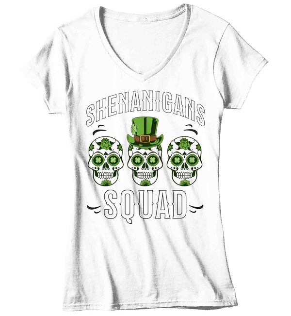 Women's V-Neck Funny Shenanigans Squad Shirt St. Patrick's Day T Shirt Sugar Skull Grunge Tshirt Graphic Tee Streetwear Ladies-Shirts By Sarah