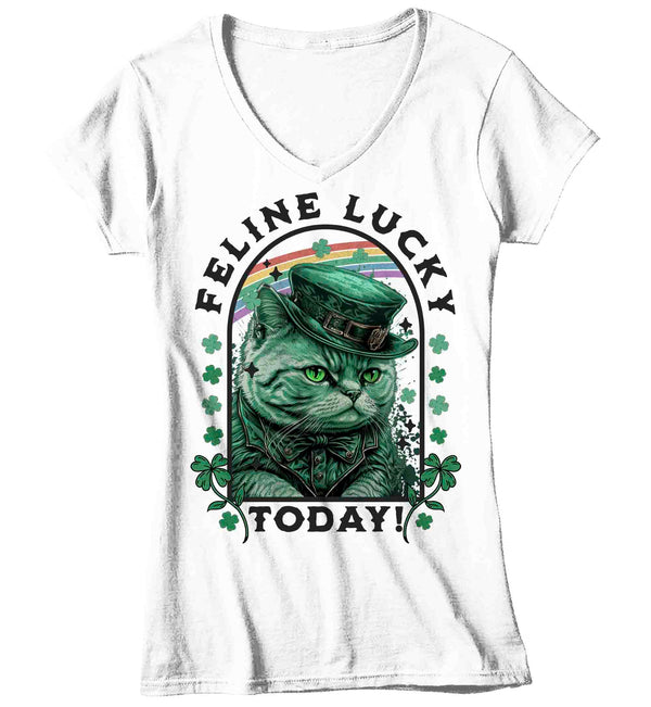 Women's V-Neck St. Patrick's Day Shirt Cat T-Shirt Feline Lucky Funny Cat Dad Mom Kitty Leprechaun Gift Graphic Vintage Video T Shirt Ladies-Shirts By Sarah