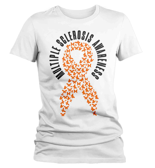 Women's Multiple Sclerosis Shirt MS Awareness T Shirt Orange Ribbon Butterflies Hope Tshirt Graphic Tee Streetwear Ladies-Shirts By Sarah