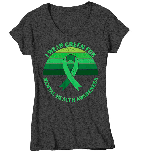 Women's V-Neck Mental Health Awareness T Shirt Green Shirt I Wear Green Tee Don't Understand TShirt Brain Gift Ladies Woman Anxiety Depression-Shirts By Sarah