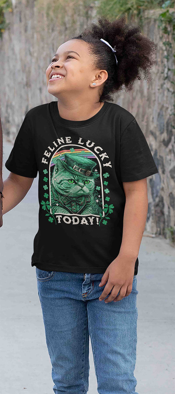 Kids St. Patrick's Day Shirt Cat T-Shirt Feline Lucky Funny Cat Kitty Leprechaun Gift Graphic Vintage Video T Shirt Youth Boys Girls-Shirts By Sarah