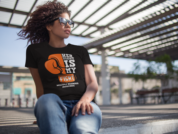 Women's Multiple Sclerosis Shirt Her Fight Is My Fight Boxing Glove MS T Shirt Orange Ribbon Tee Awareness Ladies Woman-Shirts By Sarah