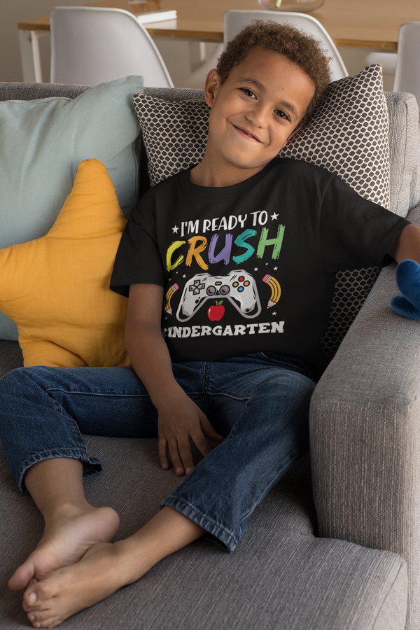 Kids Ready To Crush Kindergarten Shirt Gamer T Shirt Tee Boy's Girl's K Gaming Back To Grade Elementary Gift School Unisex Youth TShirt-Shirts By Sarah