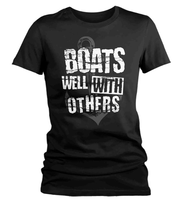 Women's Funny Boater Shirt Boats Well With Others T Shirt Gift For Her Boating Floater Anchor Humor Nautical Tee Pontoon Ladies TShirt-Shirts By Sarah