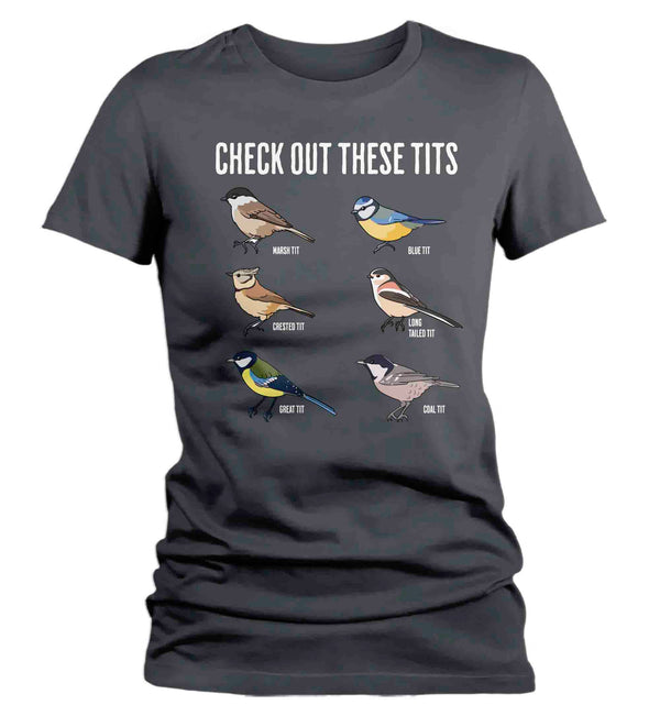 Women's Funny Bird Shirt Check Out These Tits Watcher T Shirt Inappropriate Birdwatcher Humor Gift Graphic Tee For Her Ladies-Shirts By Sarah