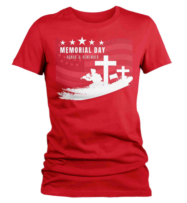 Women's Memorial Day Shirt Patriotic T-Shirt Honor & Remember Patriot Fallen Soldier Military United States Veteran Graphic Tee Ladies-Shirts By Sarah