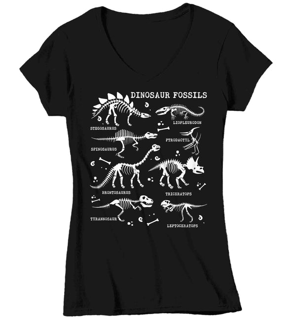 Women's V-Neck Glow In The Dark Dinosaur Shirt Dinosaur Fossil Record Bones Dig Dino Shirt T-Shirt Paleontologist Gift Scientist Tee Ladies For Her-Shirts By Sarah