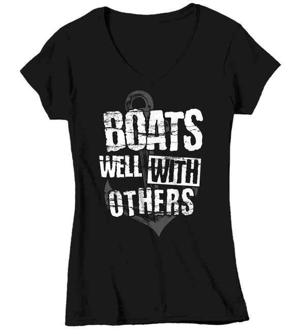 Women's V-Neck Funny Boater Shirt Boats Well With Others T Shirt Gift For Her Boating Floater Anchor Humor Nautical Tee Pontoon Ladies TShirt-Shirts By Sarah