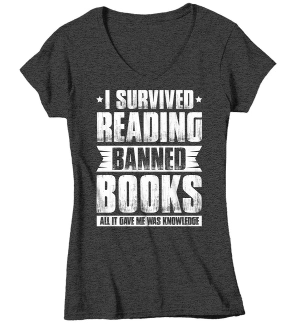 Women's V-Neck I Survived Reading Banned Books Shirt Progressive TShirt Reader leftist Books Bookworm Protect Librarians Gift Idea Ladies-Shirts By Sarah