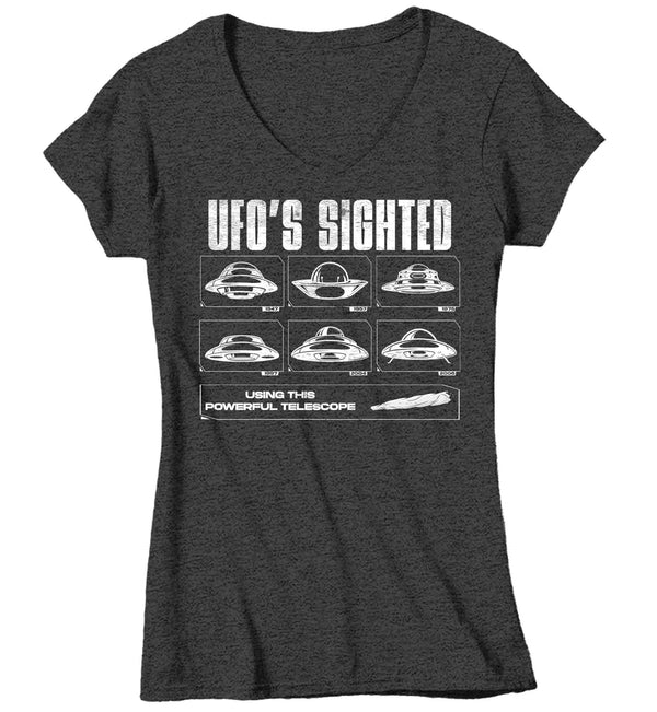 Women's V-Neck Funny UFO Shirt Cannabis Weed T Shirt UFOs Seen With Telescope Joint Gift Pot Marijuana Humor Graphic Tee Ladies For Her-Shirts By Sarah