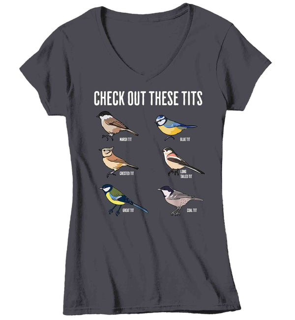 Women's V-Neck Funny Bird Shirt Check Out These Tits Watcher T Shirt Inappropriate Birdwatcher Humor Gift Graphic Tee For Her Ladies-Shirts By Sarah