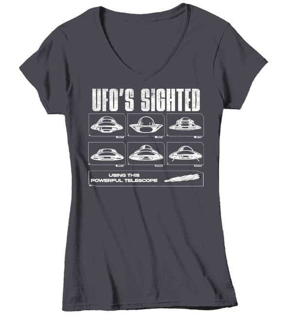 Women's V-Neck Funny UFO Shirt Cannabis Weed T Shirt UFOs Seen With Telescope Joint Gift Pot Marijuana Humor Graphic Tee Ladies For Her-Shirts By Sarah
