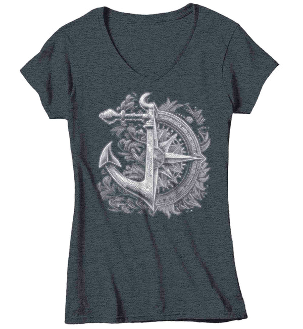 Women's V-Neck Boating Shirt Sailing T Shirt Nautical Tee Compass Anchor Photorealistic Ocean Sea Graphic Boater Sailor Gift Idea Ladies Woman-Shirts By Sarah