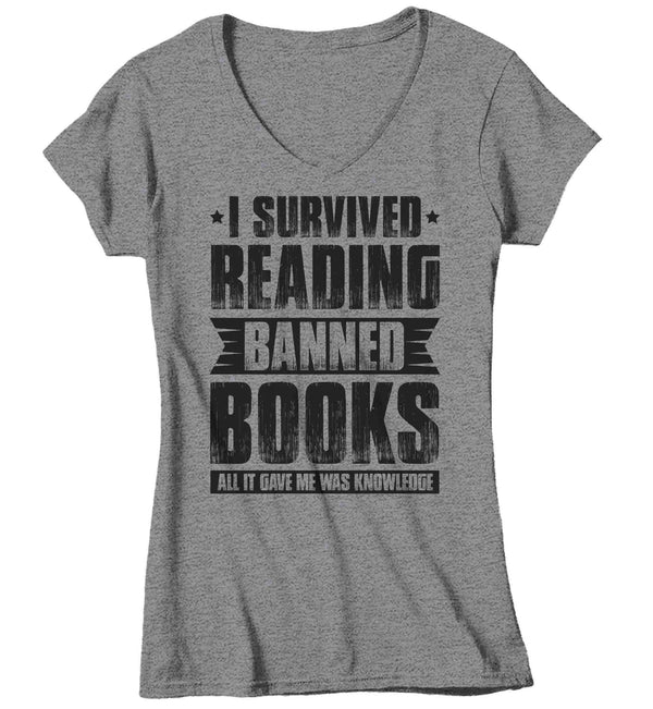 Women's V-Neck I Survived Reading Banned Books Shirt Progressive TShirt Reader leftist Books Bookworm Protect Librarians Gift Idea Ladies-Shirts By Sarah
