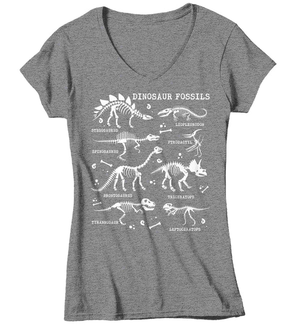 Women's V-Neck Glow In The Dark Dinosaur Shirt Dinosaur Fossil Record Bones Dig Dino Shirt T-Shirt Paleontologist Gift Scientist Tee Ladies For Her-Shirts By Sarah