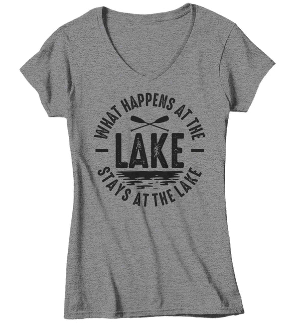 Women's V-Neck Funny Lake Shirt Boater T Shirt What Happens At The Lake Stays Lakehouse Boathouse Boating Tee Gift For Her Ladies-Shirts By Sarah