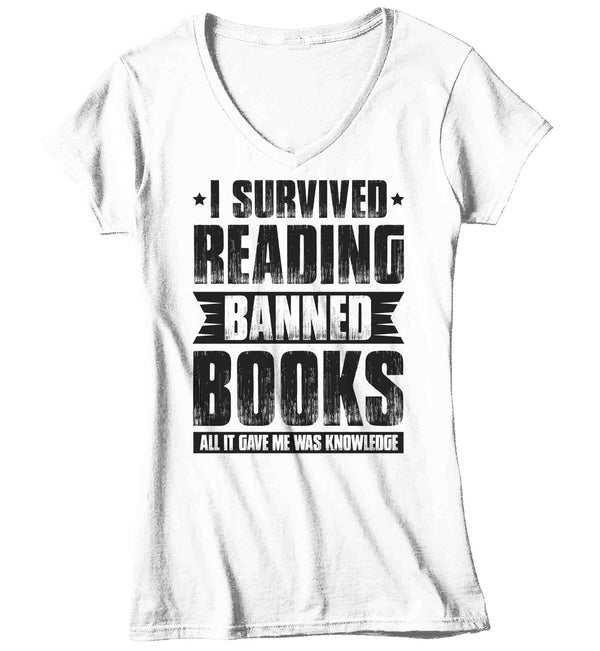 Women's V-Neck I Survived Reading Banned Books Shirt Progressive TShirt Reader leftist Books Bookworm Protect Librarians Gift Idea Ladies-Shirts By Sarah