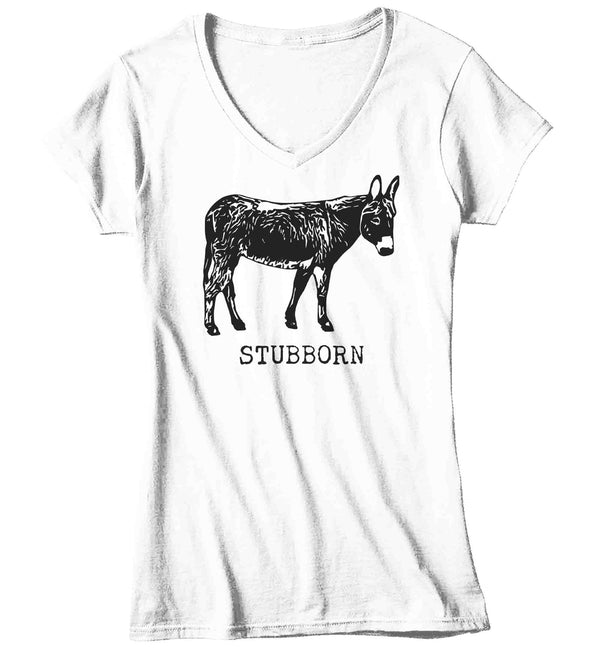 Women's V-Neck Funny Donkey Shirt Stubborn Ass Hilarious Joke Play On Words Novelty Gift Saying Joke Graphic Tee Ladies For Her-Shirts By Sarah