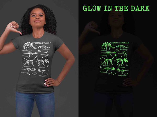 Women's Glow In The Dark Dinosaur Shirt Dinosaur Fossil Record Bones Dig Dino Shirt T-Shirt Paleontologist Gift Scientist Tee Ladies For Her-Shirts By Sarah