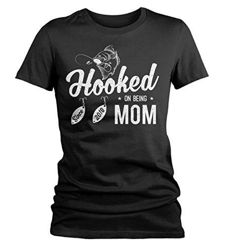 Shirts By Sarah Women's Hooked On Being Mom Since 2018 T-Shirt Fishing-Shirts By Sarah