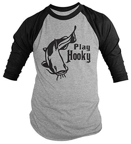 Shirts By Sarah Men's Funny Fishing T-Shirt Play Hooky 34 Sleeve Raglan Shirts-Shirts By Sarah