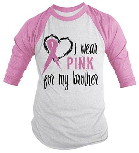 Shirts By Sarah Men's Pink Ribbon Shirt Wear For Brother 3/4 Sleeve Raglan Awareness Shirts-Shirts By Sarah