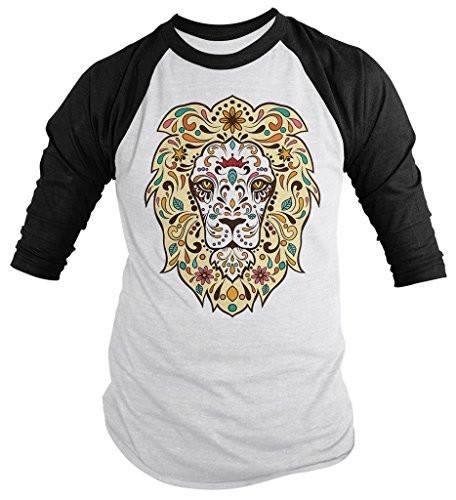 Shirts By Sarah Men's Lion Sugar Skull T-Shirt 3/4 Sleeve Hipster Shirts-Shirts By Sarah