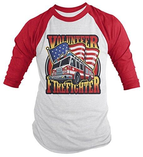Shirts By Sarah Men's Volunteer Firefighter Shirt 3/4 Sleeve Raglan Fire Truck Shirts-Shirts By Sarah
