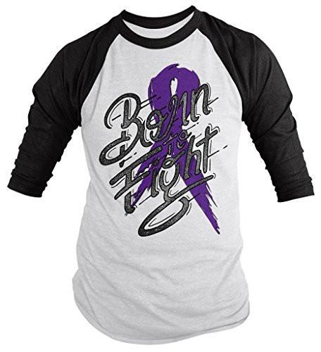 Shirts By Sarah Men's Purple Ribbon Awareness Shirt Born To Fight 3/4 Sleeve Raglan-Shirts By Sarah