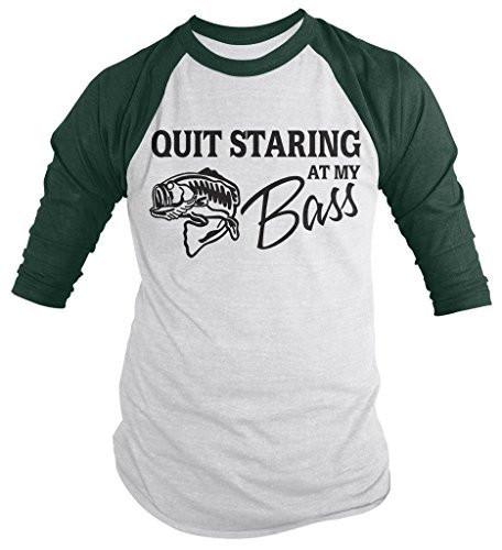 Shirts By Sarah Men's Funny Fishing T-Shirt Quit Starring At My Bass 3/4 Sleeve Raglan-Shirts By Sarah
