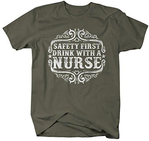 Shirts By Sarah Men's Funny Nurses T-Shirt Safety First Drink With Nurse Shirt-Shirts By Sarah