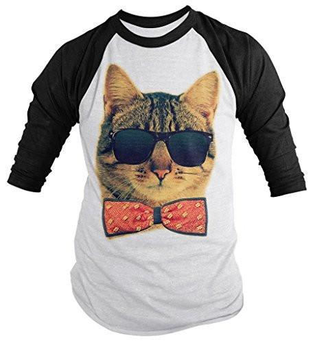 Shirts By Sarah Men's Funny Hipster Cat Shirt 3/4 Sleeve Raglan Kitty Shirts Bow Tie-Shirts By Sarah