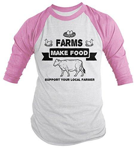Shirts By Sarah Men's Farms Make Food Support Farmer Shirt Cow Chicken 3/4 Sleeve Raglan Shirt-Shirts By Sarah