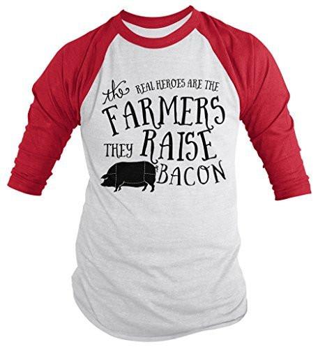 Shirts By Sarah Men's Hilarious Bacon T-Shirt Funny Farmers Real Heroes 3/4 Sleeve Raglan Shirt-Shirts By Sarah