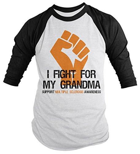 Shirts By Sarah Men's Multiple Sclerosis Awareness Shirt 3/4 Sleeve Fight For Grandma Fist Orange Ribbon-Shirts By Sarah