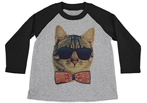 Shirts By Sarah Boy's Funny Hipster Cat Shirt 3/4 Sleeve Raglan Kitty Shirts Bow Tie-Shirts By Sarah