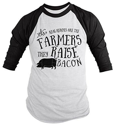 Shirts By Sarah Men's Hilarious Bacon T-Shirt Funny Farmers Real Heroes 3/4 Sleeve Raglan Shirt-Shirts By Sarah