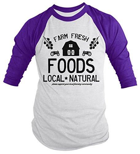 Shirts By Sarah Men's Farm Fresh Foods Support Local Farming 3/4 Sleeve Raglan Shirt-Shirts By Sarah