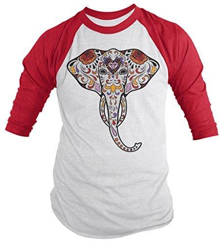 Shirts By Sarah Men's Elephant Sugar Skull T-Shirt 3/4 Sleeve Hipster Shirts-Shirts By Sarah