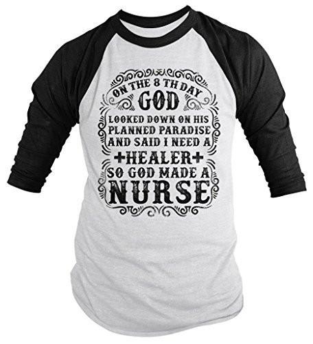 Shirts By Sarah Funny Nurses On 8th Day God Created Nurse Healer 3/4 Sleeve Raglan-Shirts By Sarah