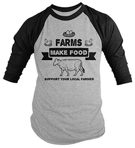 Shirts By Sarah Men's Farms Make Food Support Farmer Shirt Cow Chicken 3/4 Sleeve Raglan Shirt-Shirts By Sarah