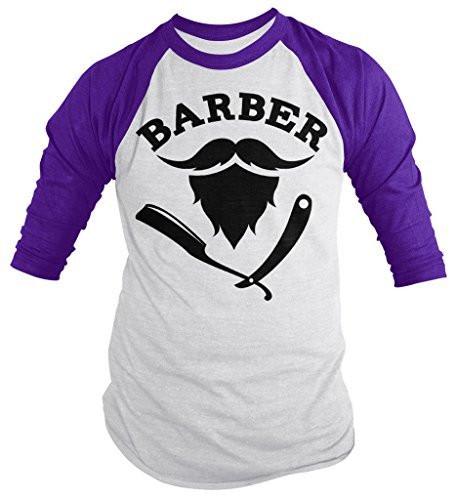 Shirts By Sarah Men's Barber 3/4 Sleeve Shirt Hair Stylist Mustache Beard Raglan-Shirts By Sarah