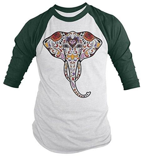 Shirts By Sarah Men's Elephant Sugar Skull T-Shirt 3/4 Sleeve Hipster Shirts-Shirts By Sarah